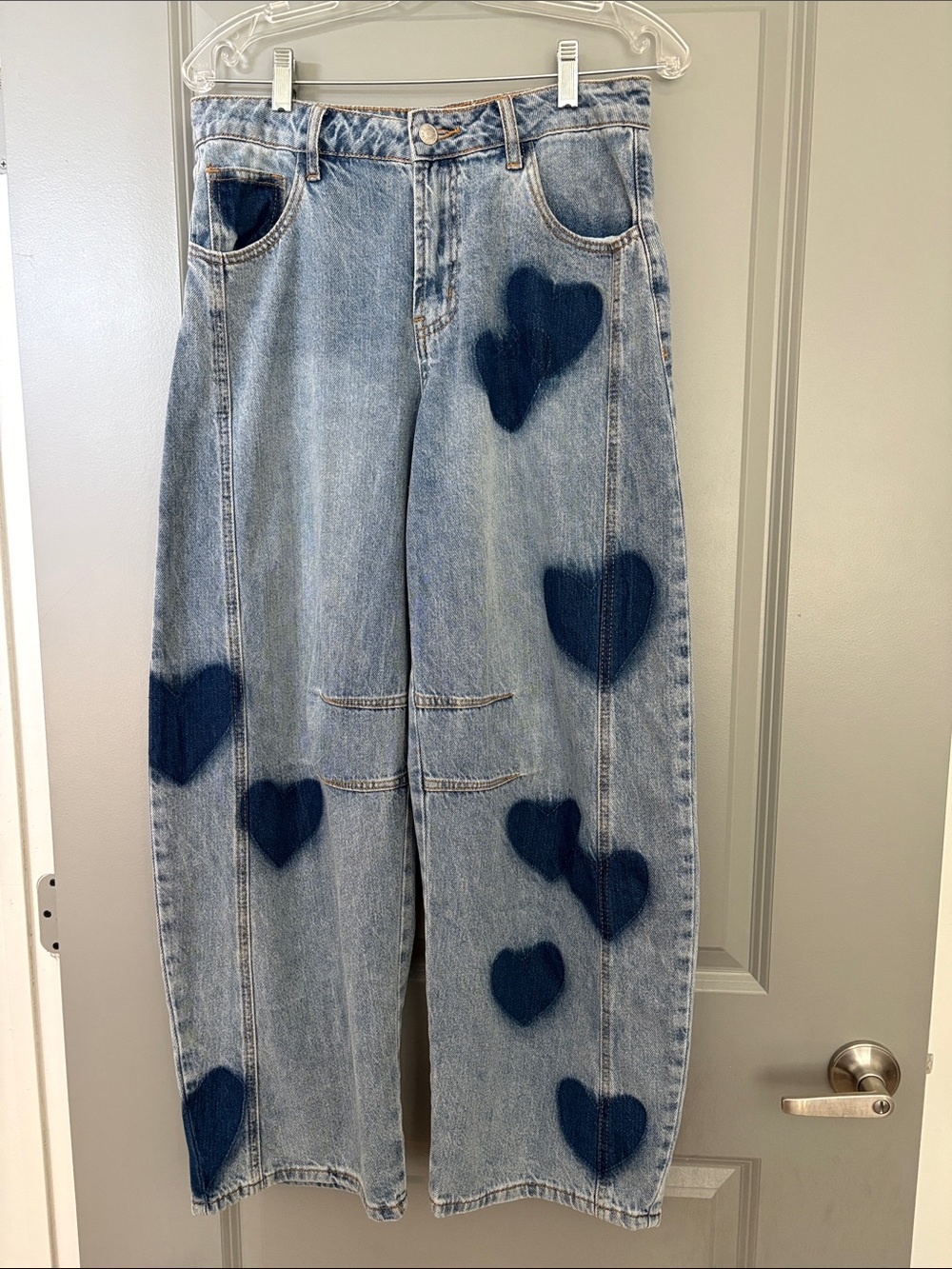Light Blue Heart-Print Wide Leg Women's Jeans